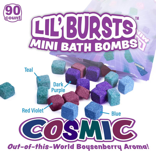 Lil' Bursts Cosmic mini bath bombs with colorful cube-shaped bombs and packaging