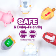 Colorful bath toys with safety text highlighting BPA-free and phthalate-free features