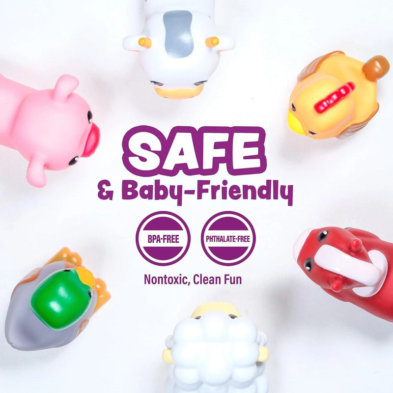 Colorful bath toys with safety text highlighting BPA-free and phthalate-free features