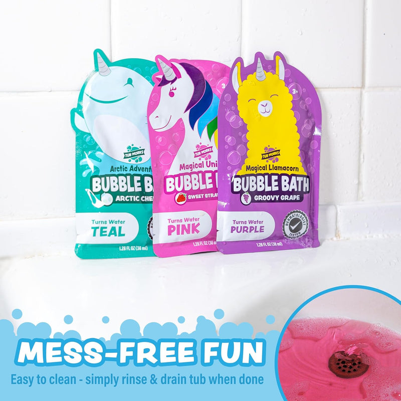 Three colorful bubble bath pouches with unicorn and llama designs in teal, pink, and purple