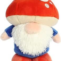 Red mushroom cap gnome plush toy with white beard and blue outfit