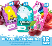 Three Tub Works bubble bath packages with unicorn characters in purple, teal, and pink colors
