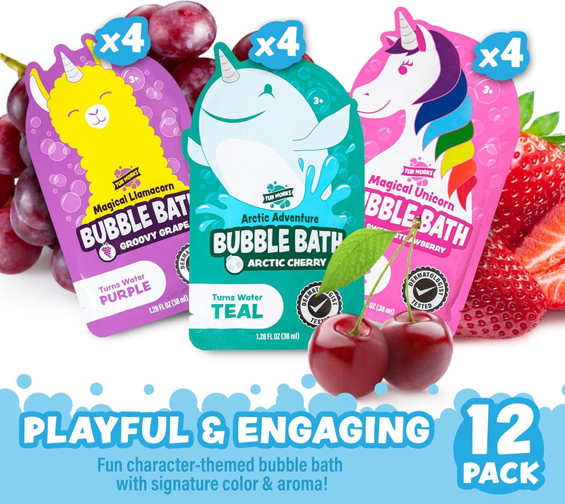 Three Tub Works bubble bath packages with unicorn characters in purple, teal, and pink colors