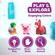 Colorful barnyard animal bath toys including duck, pig, and horse with educational benefits highlighted