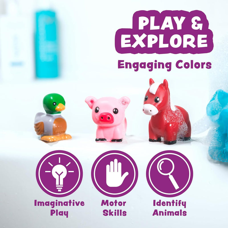 Colorful barnyard animal bath toys including duck, pig, and horse with educational benefits highlighted