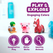 Colorful barnyard animal bath toys including duck, pig, and horse with educational benefits highlighted