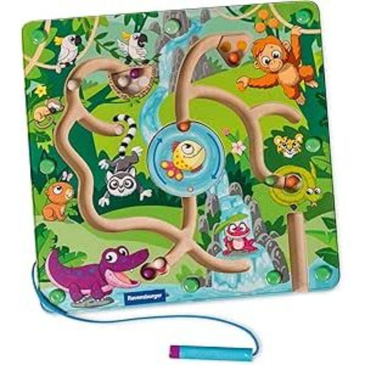 Ravensburger magnetic wooden jungle maze with colorful animals and winding paths.