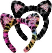 Two furry cat ear headbands with rainbow leopard print and glitter heart details
