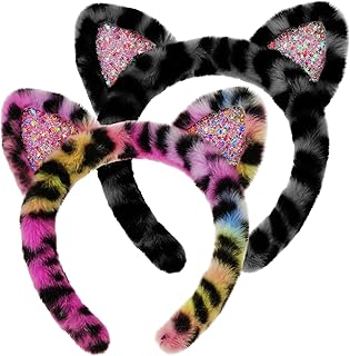 Two furry cat ear headbands with rainbow leopard print and glitter heart details