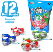 Fruity Fizzers bath bombs packaging and individual colorful fruit-scented bath bombs displayed