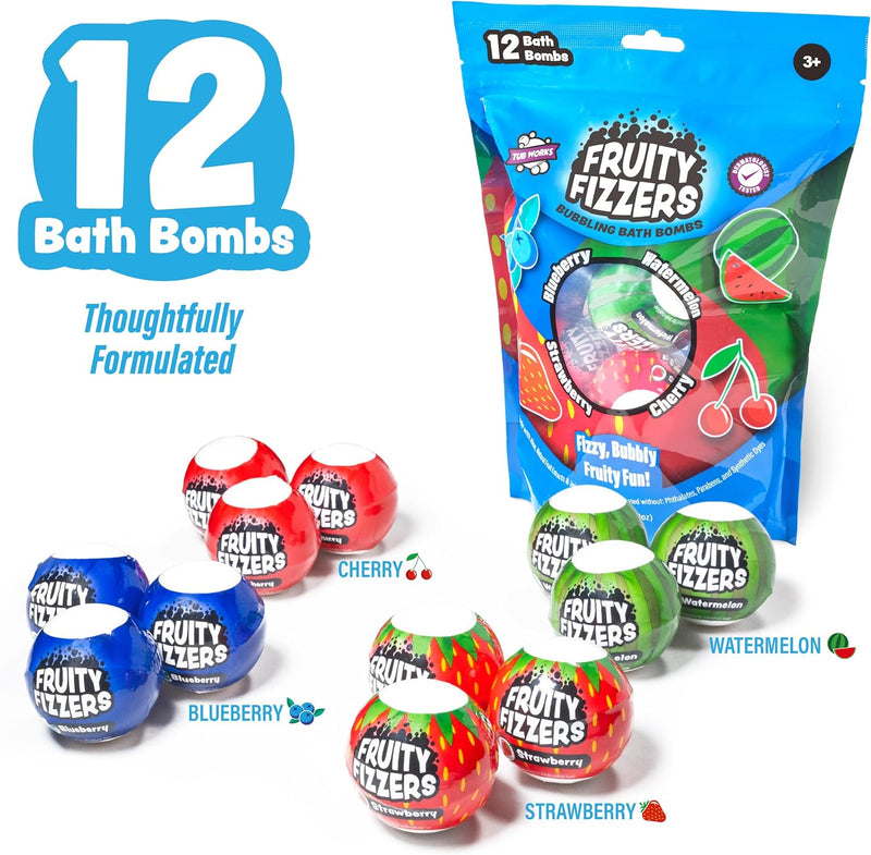 Fruity Fizzers bath bombs packaging and individual colorful fruit-scented bath bombs displayed