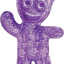 Purple glittery Mini Sour Patch Kid figure with sparkly texture on white background