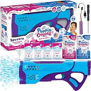 PoppinColorz Spectra rechargeable bubble blaster with packaging and bubble solution bottles