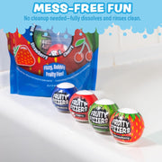 Fruity Fizzers bath bombs in multiple fruit flavors with packaging on white background
