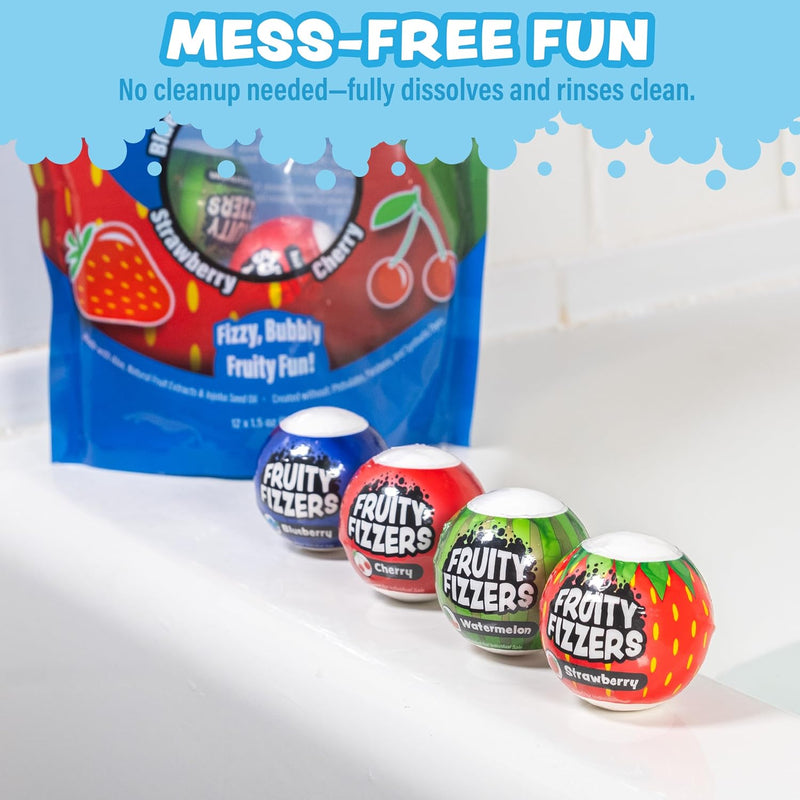 Fruity Fizzers bath bombs in multiple fruit flavors with packaging on white background