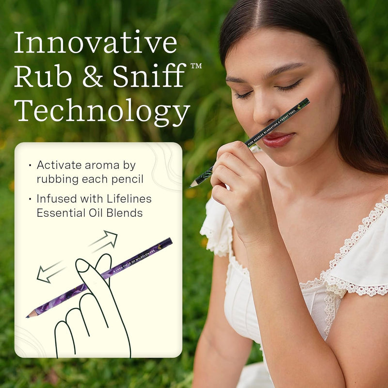 Woman demonstrating Rub & Sniff colored pencil technology with aromatherapy features