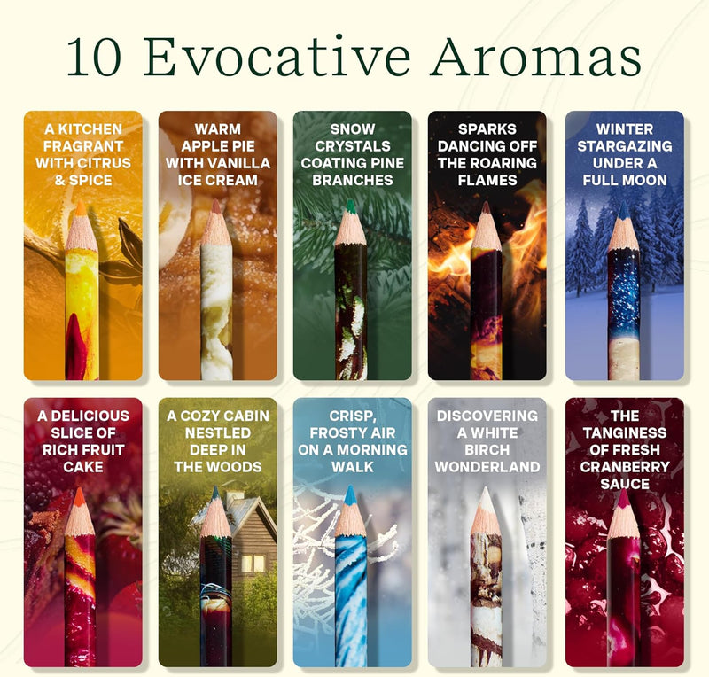 Ten scented colored pencils with evocative aroma descriptions in themed color panels