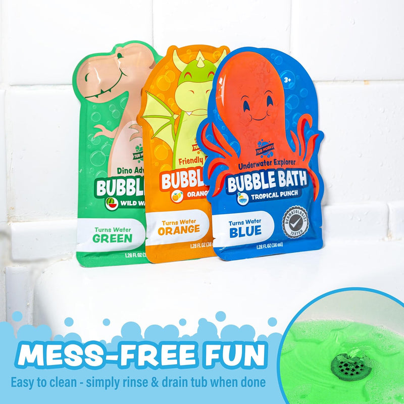 Three colorful bubble bath packets with dinosaur and octopus characters shown with green bathtub