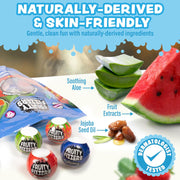Fruity Fizzers bath bombs with natural ingredients like aloe, fruit extracts, and jojoba oil