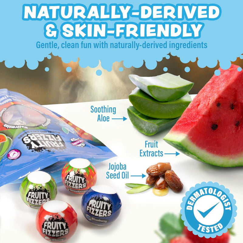 Fruity Fizzers bath bombs with natural ingredients like aloe, fruit extracts, and jojoba oil