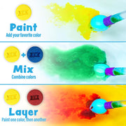 Bath color brush demonstration showing paint, mix, and layer functions with colorful bath bomb effects
