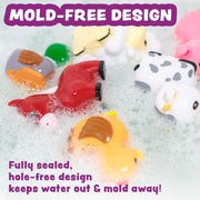 Colorful mold-free bath toys including farm animals floating in soapy bath water