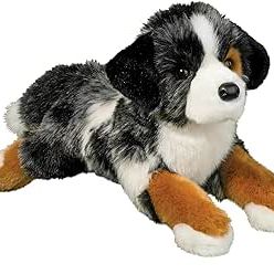 Plush Australian Shepherd stuffed animal toy with black, white, and brown tri-color coat