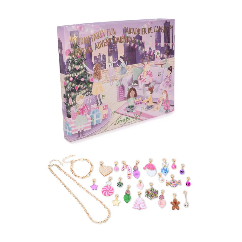 Holiday party fun jewelry advent calendar with bracelet charms and chain displayed below box