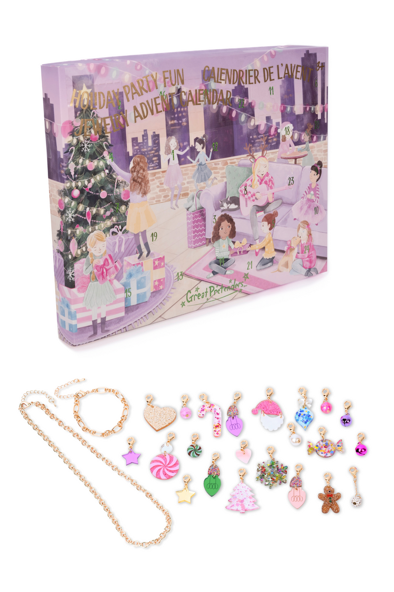 Holiday party fun jewelry advent calendar with bracelet charms and chain displayed below box
