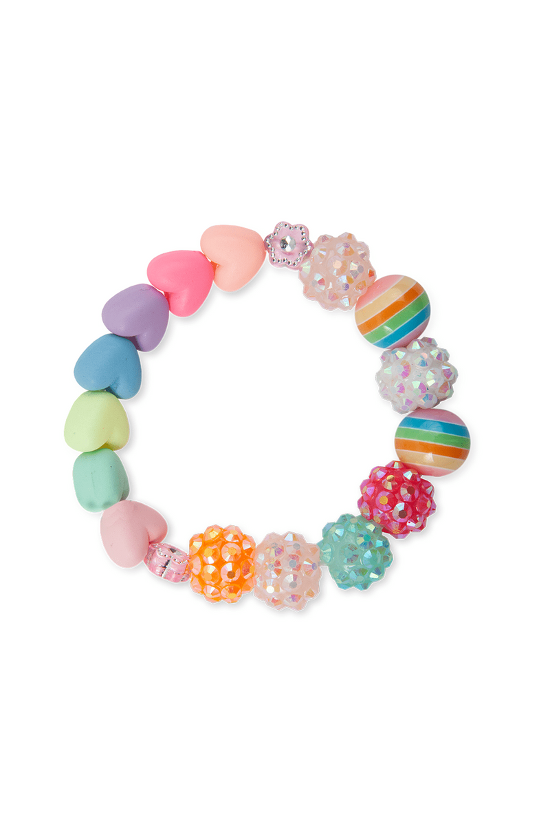 Colorful beaded bracelet with heart-shaped and sparkly round beads in rainbow colors
