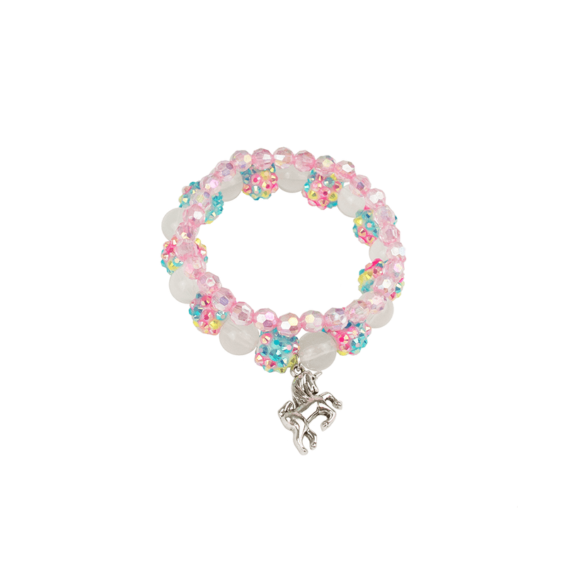 Colorful beaded bracelet with unicorn charm featuring pink blue white beads