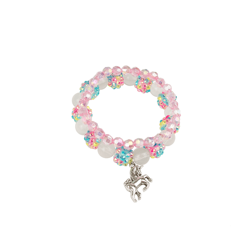 Colorful beaded bracelet with unicorn charm featuring pink blue white beads