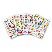 Three sticker sheets with Christmas and toy themed colorful stickers displayed on white background