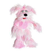 Pink fluffy Living Puppets Vic 9-inch hand puppet on white background