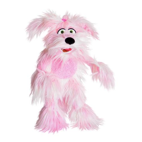 Pink fluffy Living Puppets Vic 9-inch hand puppet on white background