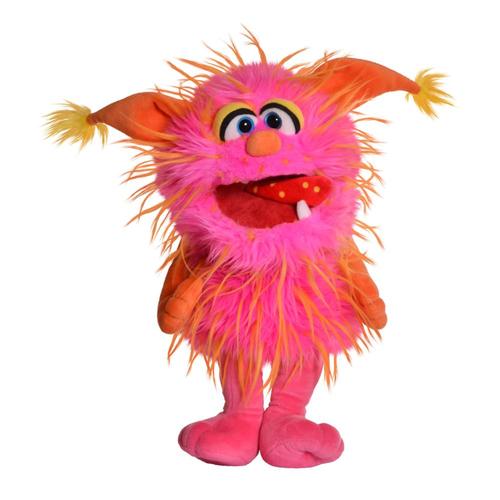 Pink and orange fuzzy monster hand puppet with yellow hair accents standing upright