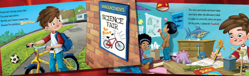 Interior illustrated pages of How to Catch a Dinosaur children's book showing science fair scenes