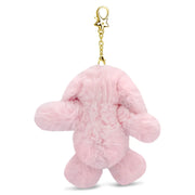 Pink fluffy bunny charm keychain with gold clasp chain on white background