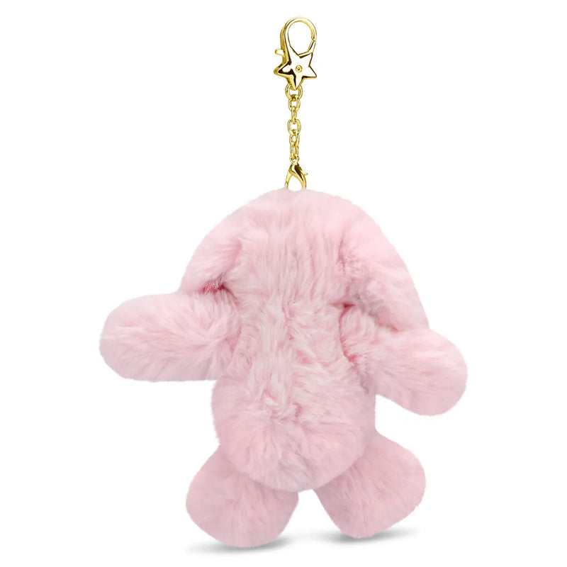 Pink fluffy bunny charm keychain with gold clasp chain on white background
