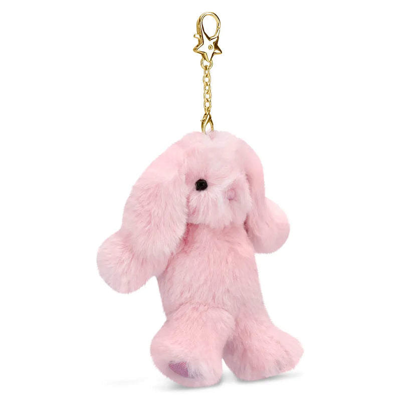 Pink plush bunny charm with gold chain and lobster clasp on white background