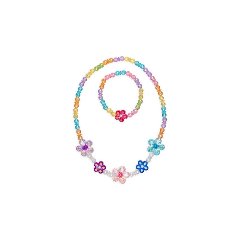 Colorful beaded necklace and bracelet set with rainbow beads and flower charms