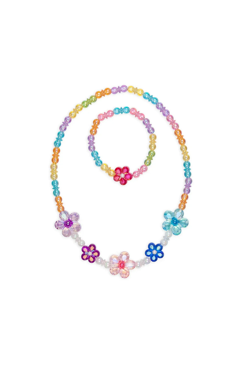 Colorful beaded necklace and bracelet set with rainbow beads and flower charms