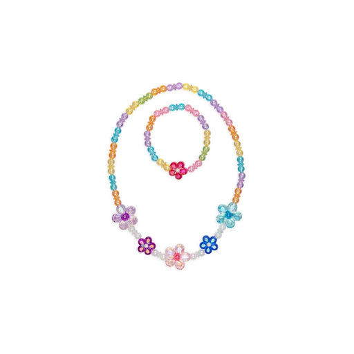Colorful beaded necklace and bracelet set with rainbow beads and flower charms