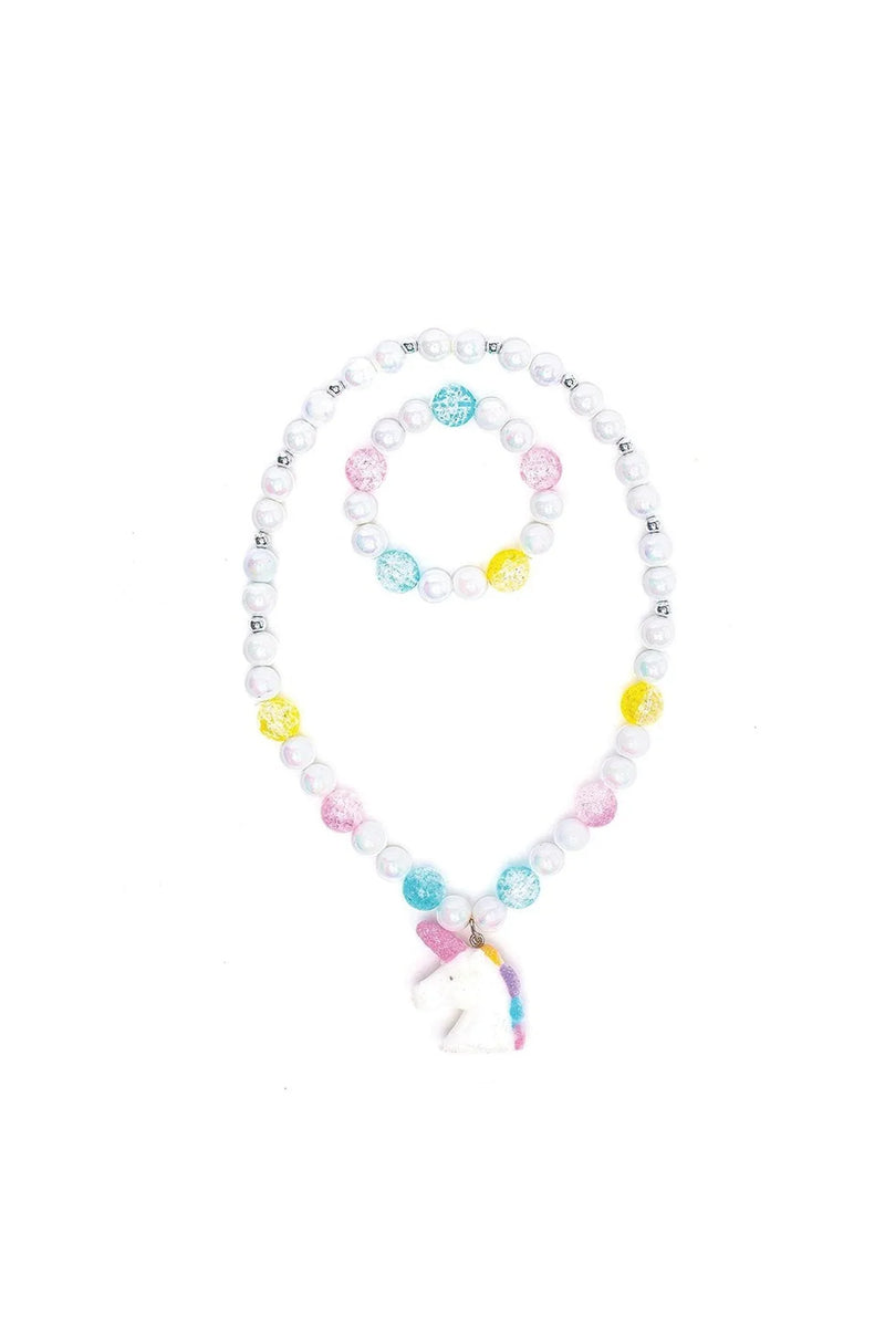 White beaded necklace and bracelet set with colorful accent beads and unicorn pendant