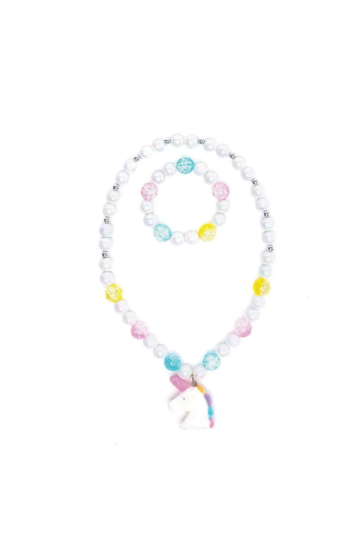 White beaded necklace and bracelet set with colorful accent beads and unicorn pendant