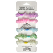 Five colorful flower-shaped hair ties in purple pink blue green yellow on retail packaging