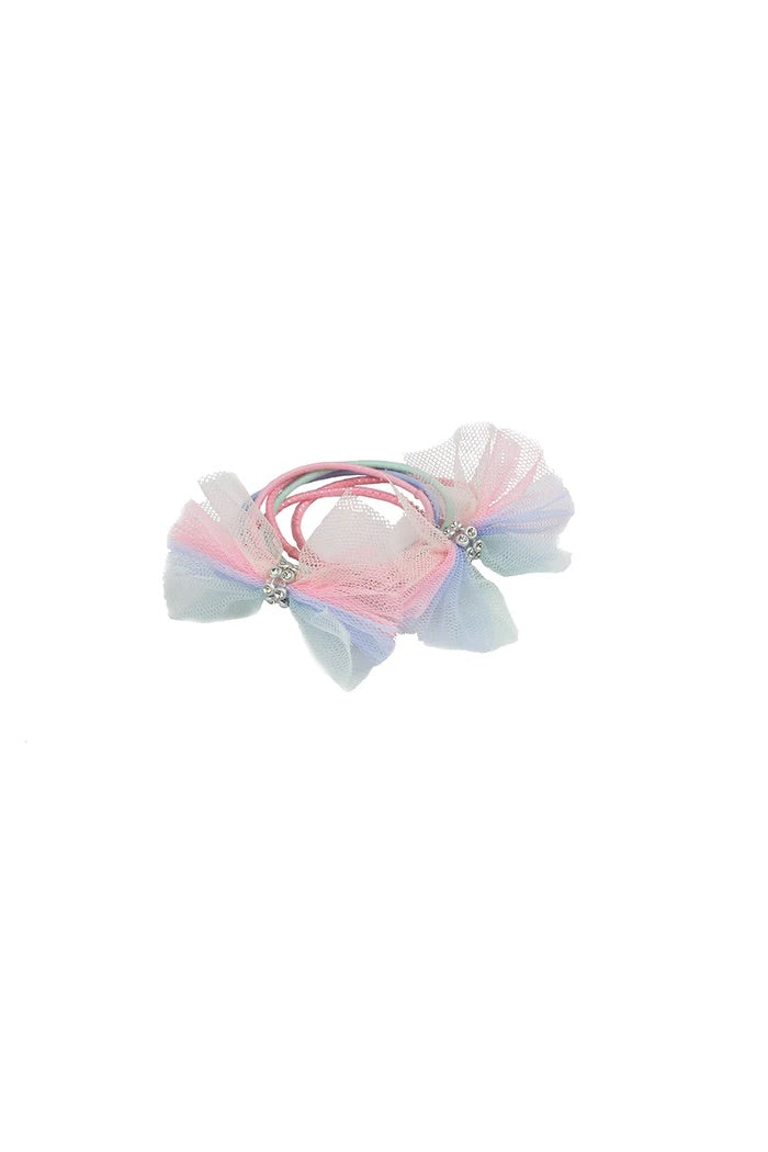 Pastel tulle bow hair ties in pink blue and white colors