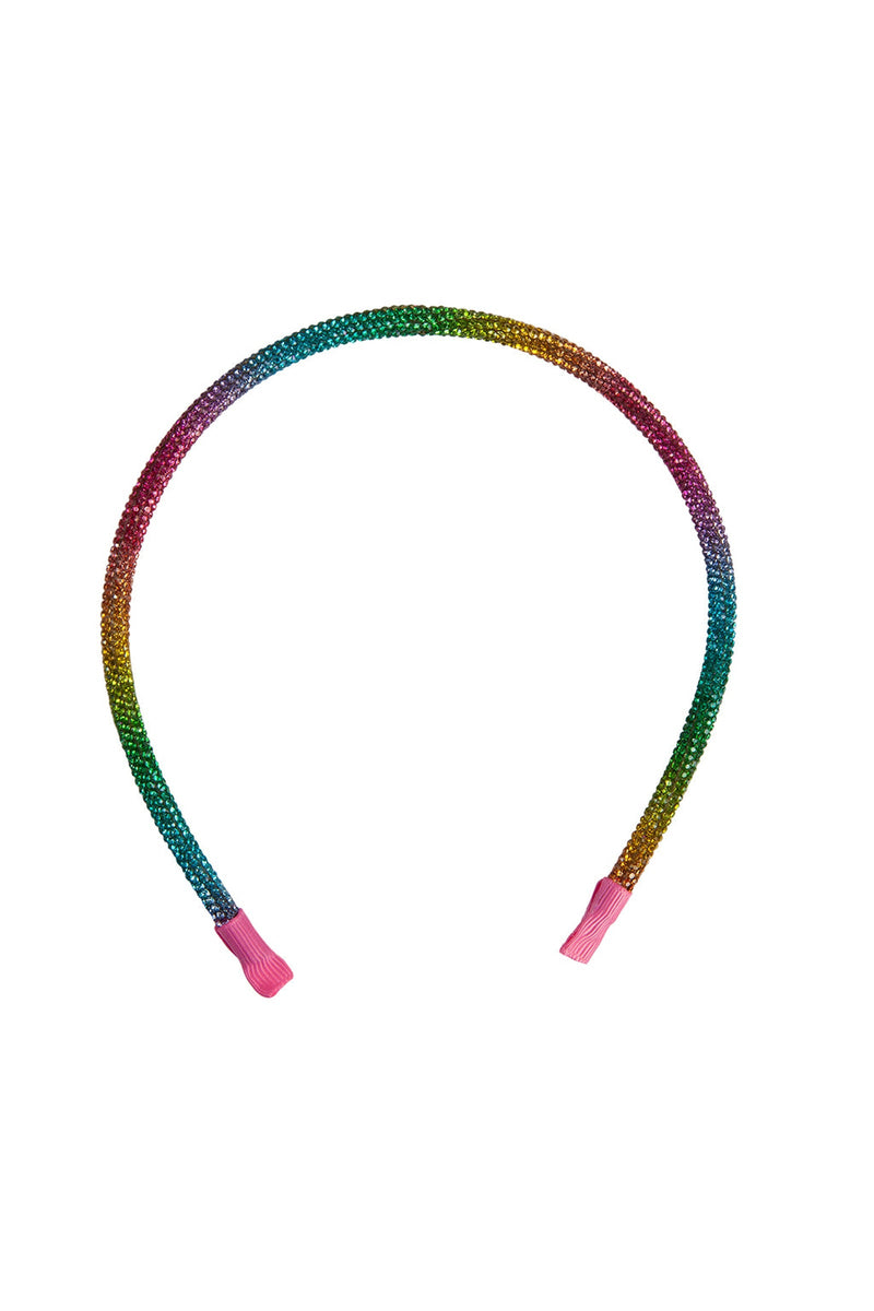 Rainbow glitter headband with multicolor sparkly band and pink fabric ends