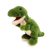 Green plush T-Rex dinosaur stuffed animal with cream belly and open mouth