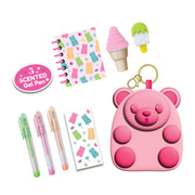 Pink gummy bear shaped stationery carrier with scented gel pens, stickers and ice cream erasers